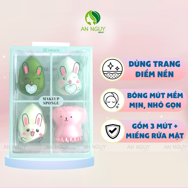 Set 4 Món Bông Mút Tán Nền + Bạch Tuột Rửa Mặt Habaria Makeup Sponge - Rabbits Love Set