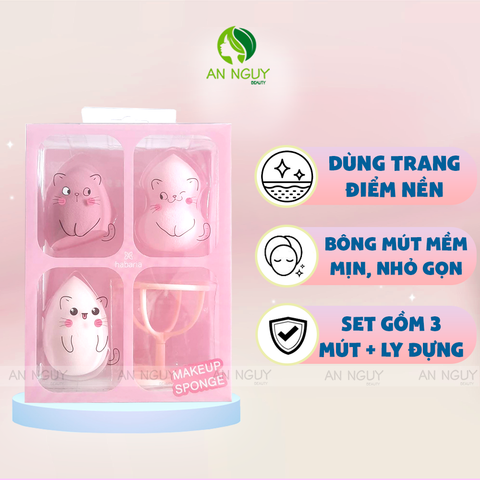 Set 4 Món Bông Mút Tán Nền + Ly Đựng Bông Mút Habaria Makeup Sponge-Cats Fall In Love Set