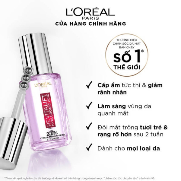 Serum Mắt L’Oreal Revitalift 2.5% Hyaluronic Acid + Caffeine Eye Serum Giảm Bọng Mắt & Làm Đầy Rãnh Nhăn 20ml