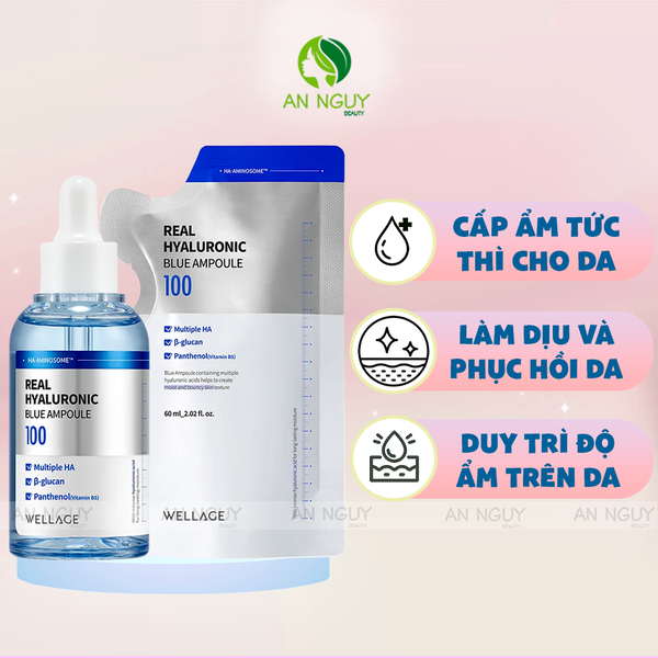 Combo Tinh Chất Cấp Nước Wellage Real Hyaluronic Blue Ampoule 60ml + Túi Refill 60ml