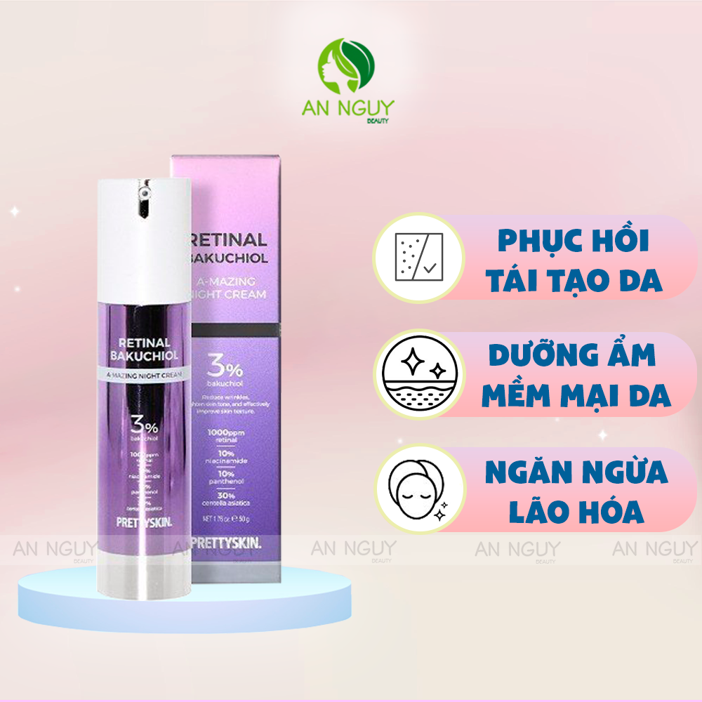 [NHẬP MÃ PTS01 / PTS02] Kem Dưỡng Ban Đêm PrettySkin Retinal BakuChiol A-Mazing Night Cream Tái Tạo, Phục Hồi Da