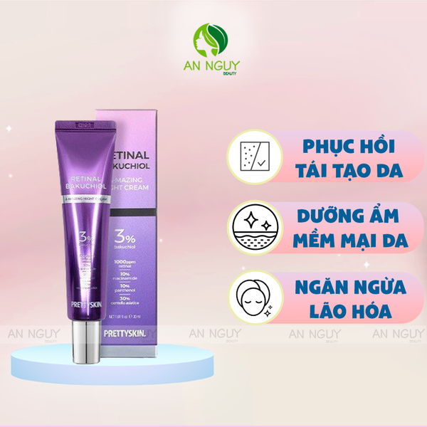 [NHẬP MÃ PTS01 / PTS02] Kem Dưỡng Ban Đêm PrettySkin Retinal BakuChiol A-Mazing Night Cream Tái Tạo, Phục Hồi Da