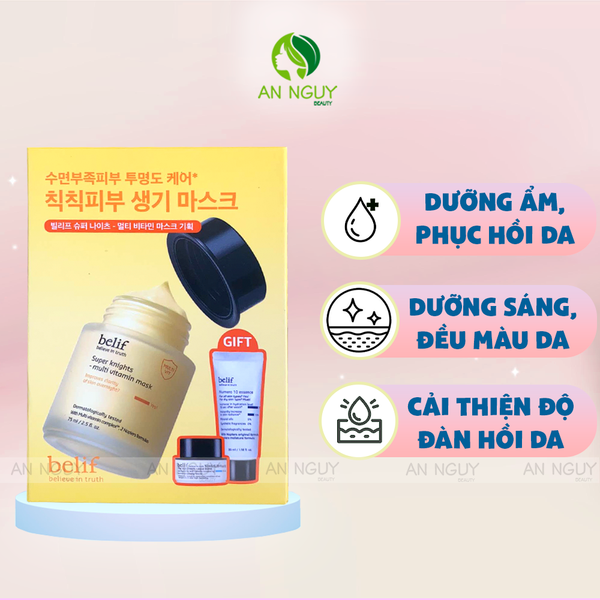 Combo 3 Món Mặt Nạ Ngủ Belif Super Knights - Multi Vitamin Mask 75ml + Kem Dưỡng Belif The True Cream - Aqua Bomb 10ml + Tinh Chất Belif Numero 10 Essence 35ml