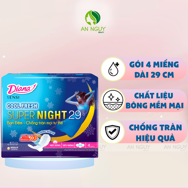 Băng Vệ Sinh Diana Sensi Cool Fresh Super Night Ban Đêm Có Cánh 29cm Gói 4 Miếng