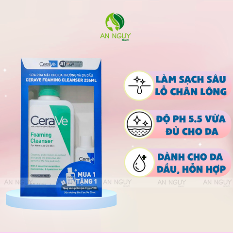 [Mua 1 Tặng 1] Sữa Rửa Mặt CeraVe Face Foaming Gel For Normal To Oily Skin 236ml + Tặng Dưỡng Ẩm CeraVe