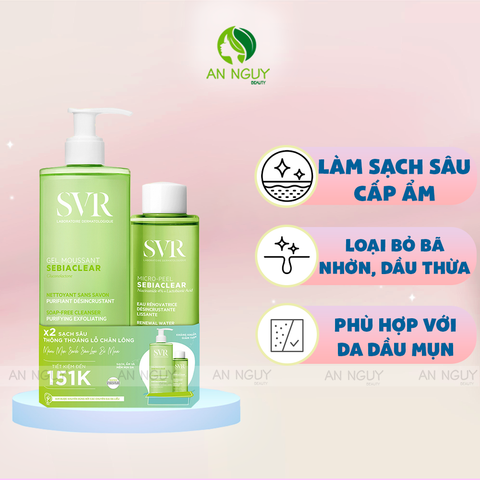 Combo 2 Món Làm Sạch Da Dầu Mụn SVR Sữa Rửa Mặt Sebiaclear Gel Moussant 400ml + Toner Sebiaclear Micro Peel 150ml