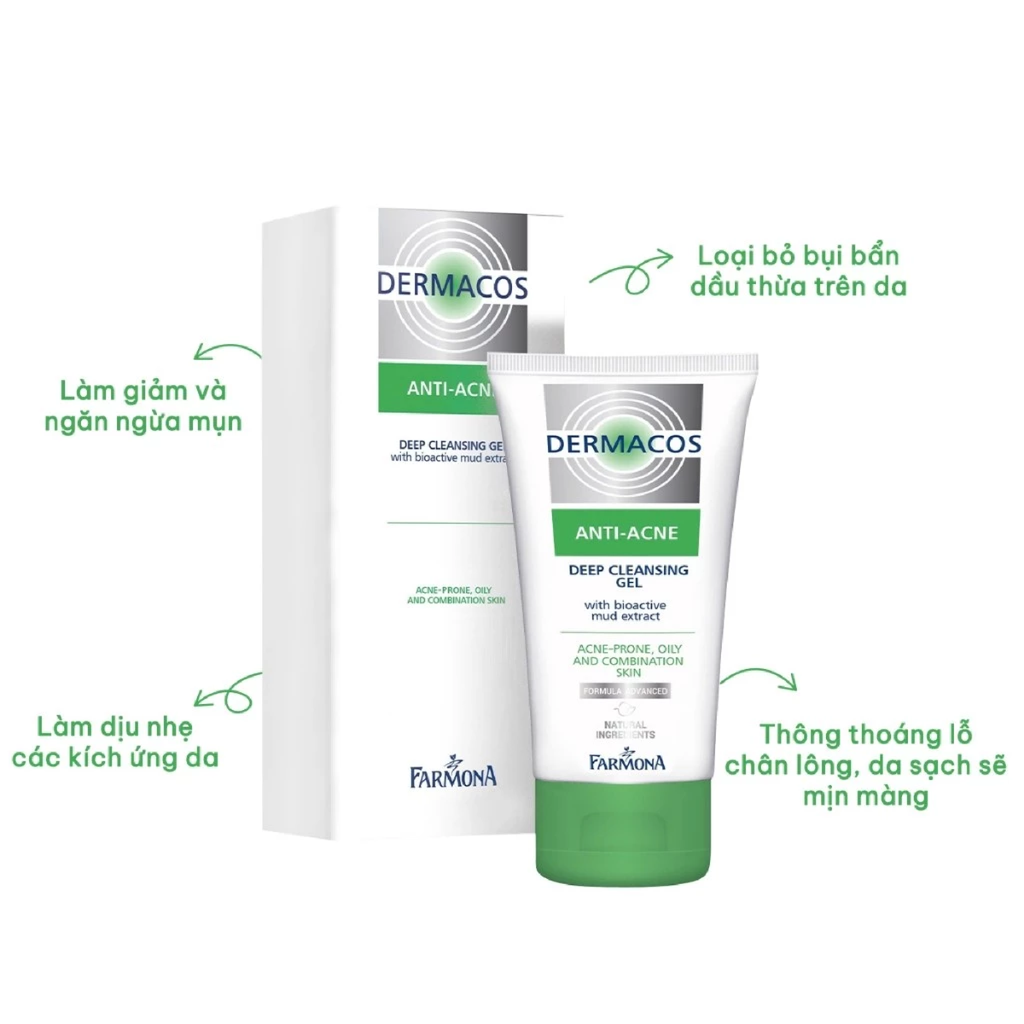 Sữa Rửa Mặt Sạch Sâu, Ngừa Mụn Farmona Dermacos Anti-Acne Deep Cleansing Gel Chứa Bùn Hoạt Tính 150ml