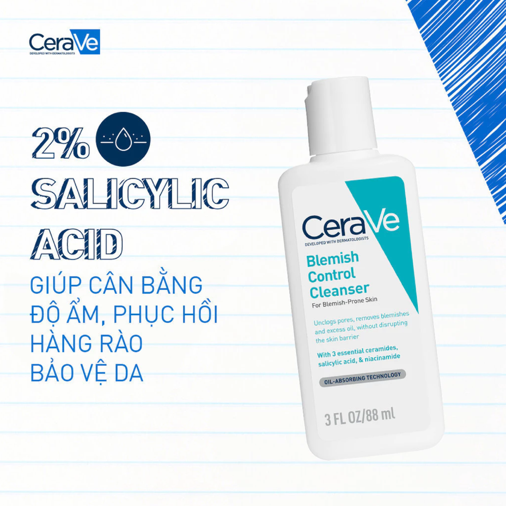 Sữa Rửa Mặt CeraVe Blemish Control Cleanser Cho Da Dầu Mụn 88ml