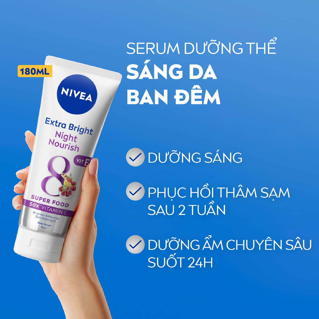 Serum Dưỡng Thể Nivea Extra Bright Night Nourish Super Food 50X Vitamin C Body Serum 180ml