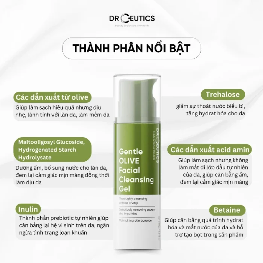 Gel Rửa Mặt DrCeutics Gentle Olive Facial Cleansing Gel Làm Sạch Sâu 250g
