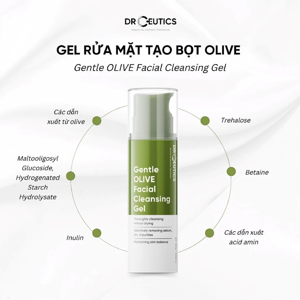 Gel Rửa Mặt DrCeutics Gentle Olive Facial Cleansing Gel Làm Sạch Sâu 250g