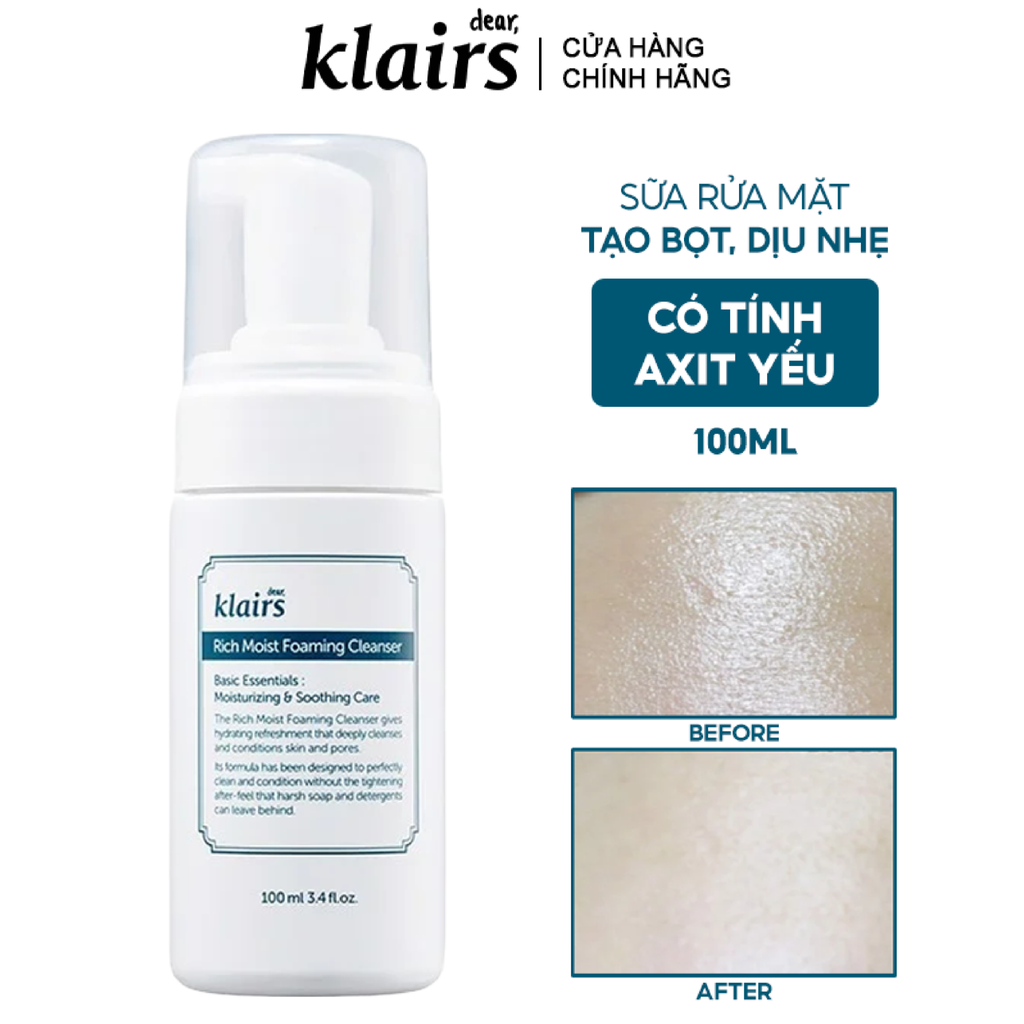 Sữa Rửa Mặt Klairs Rich Moist Foaming Cleanser Giúp Làm Sạch & Dưỡng Ẩm 100ml