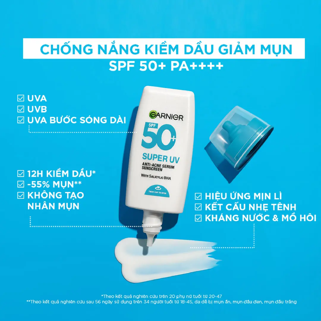 Serum Chống Nắng Garnier Super UV Anti - Acne Serum Sunscreen SPF50+ PA++++ Kiềm Dầu, Giảm Mụn 30ml