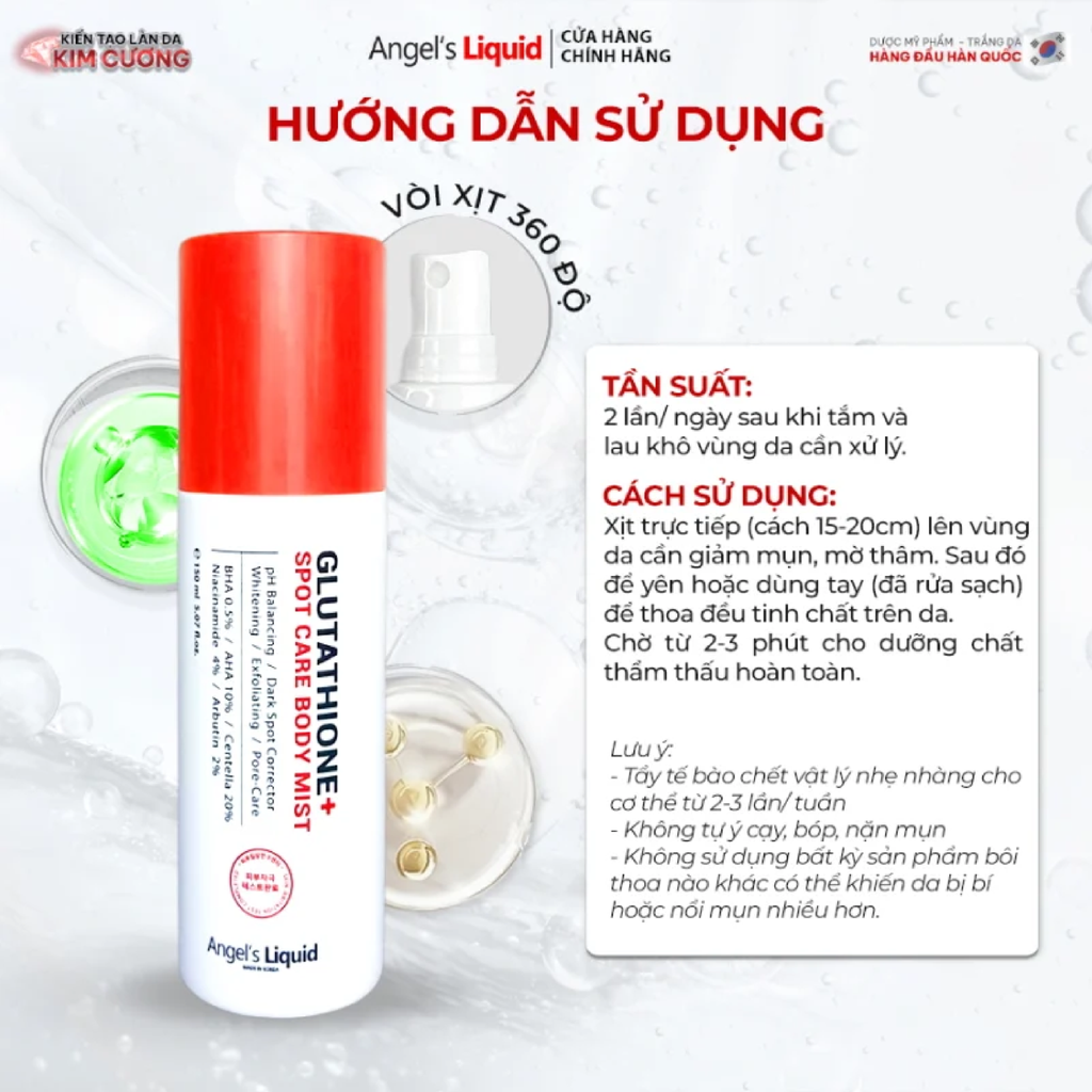 Xịt Giảm Mụn Lưng Angel's Liquid Glutathione Plus Centella Calming Body Mist 150ml