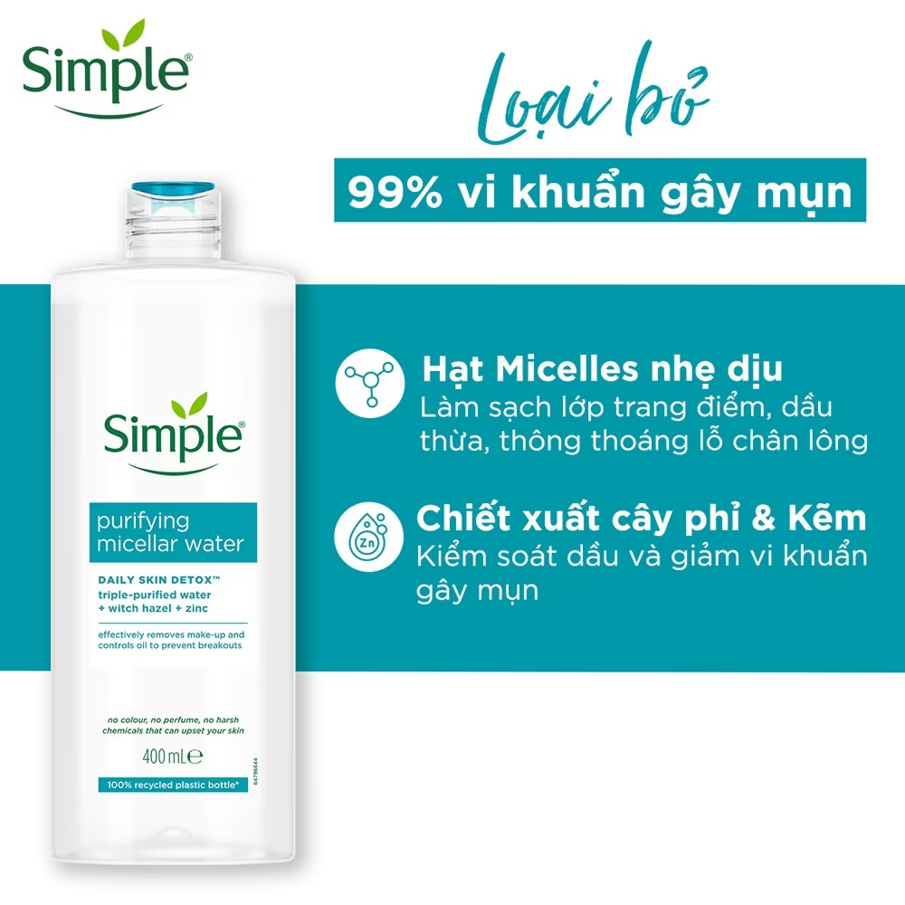 Nước Tẩy Trang Simple Purifying Micellar Water Kiềm Dầu, Ngừa Mụn 400ml