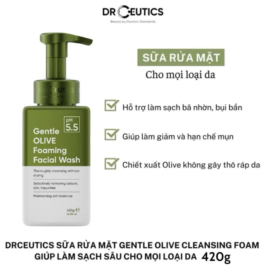 Bọt Rửa Mặt Drceutics Gentle Olive Foaming Facial Wash Làm Sạch Sâu 420g