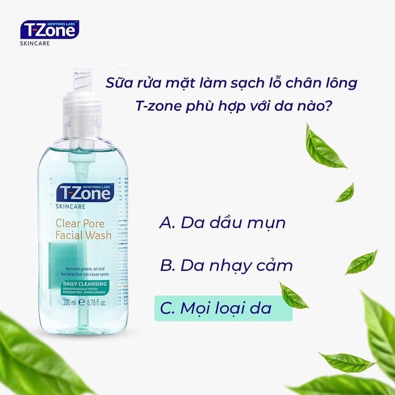 Gel Rửa Mặt T-Zone Clear Pore Facial Wash Chiết Xuất Tràm Trà Sạch Sâu, Kháng Khuẩn 200ml