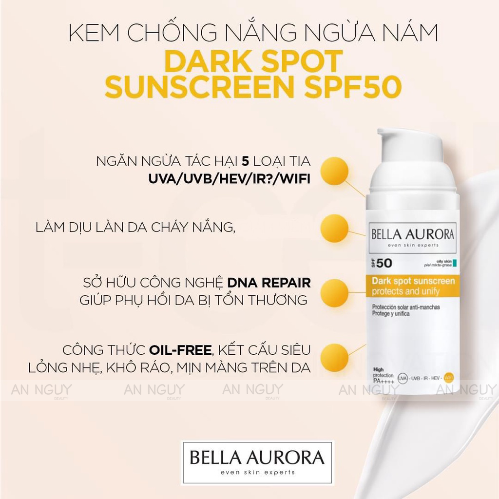 Kem Chống Nắng Bella Aurora Dark Spot Sunscreen SPF50 Ngừa Nám Cho Da Dầu, Hỗn Hợp 50ml