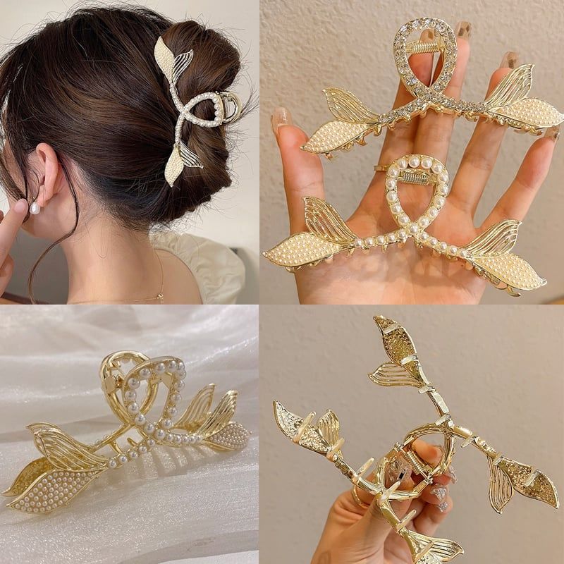 Kẹp Tóc Hình Đuôi Cá Đính Đá, Ngọc Trai Bằng Kim Loại Sang Trọng Phong Cách Hàn Quốc