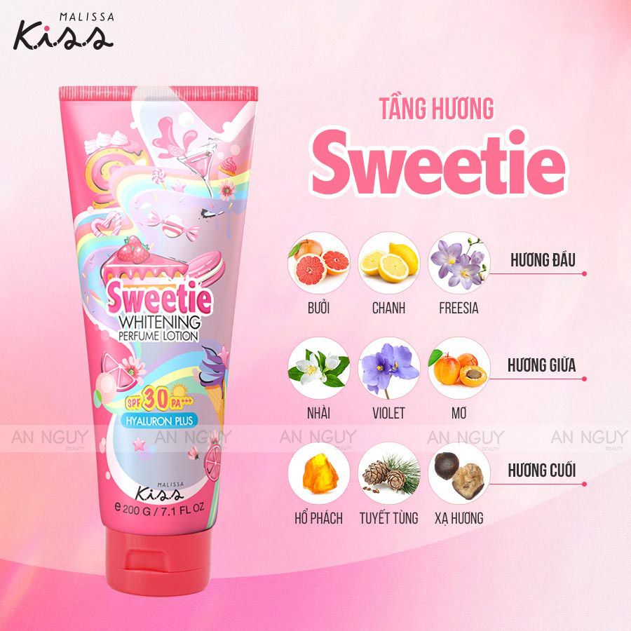 Dưỡng Thể Chống Nắng Malissa Kiss Whitening Perfume Lotion SPF30 PA+++ Trắng Da Hương Nước Hoa 200gr