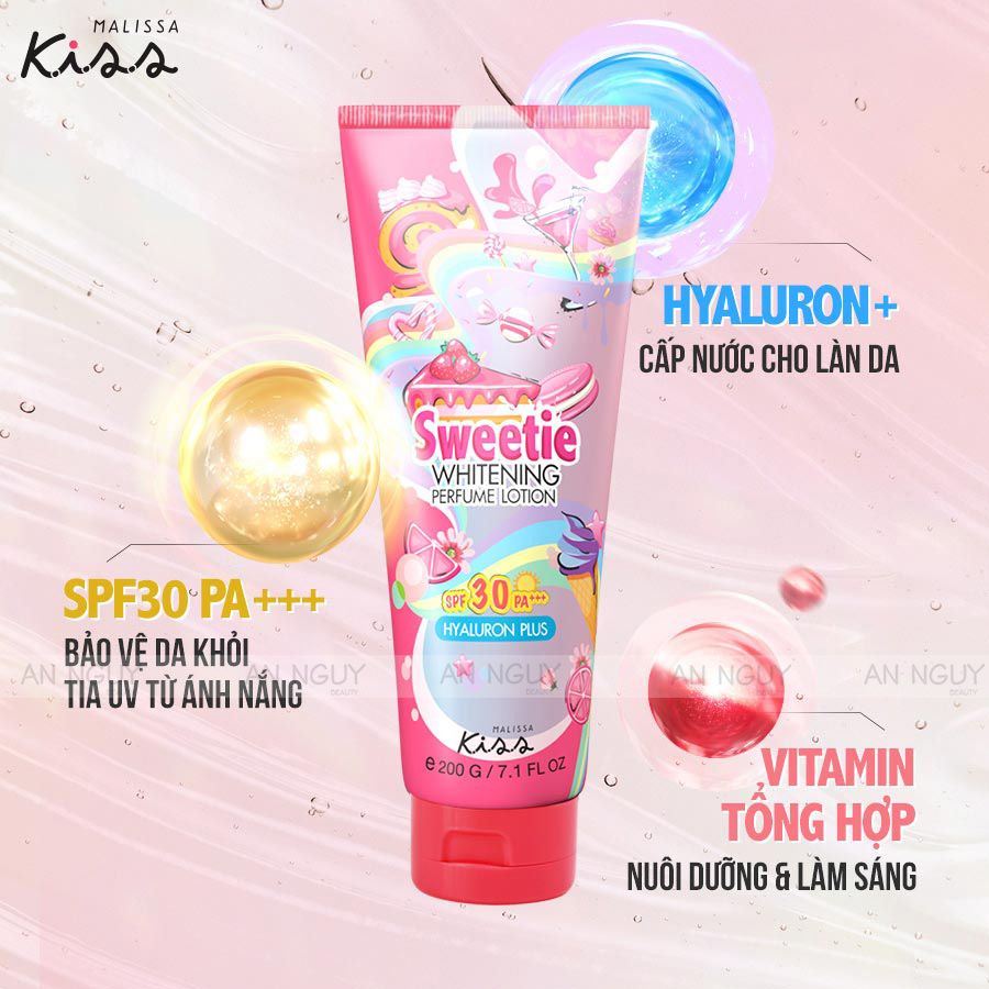 Dưỡng Thể Chống Nắng Malissa Kiss Whitening Perfume Lotion SPF30 PA+++ Trắng Da Hương Nước Hoa 200gr