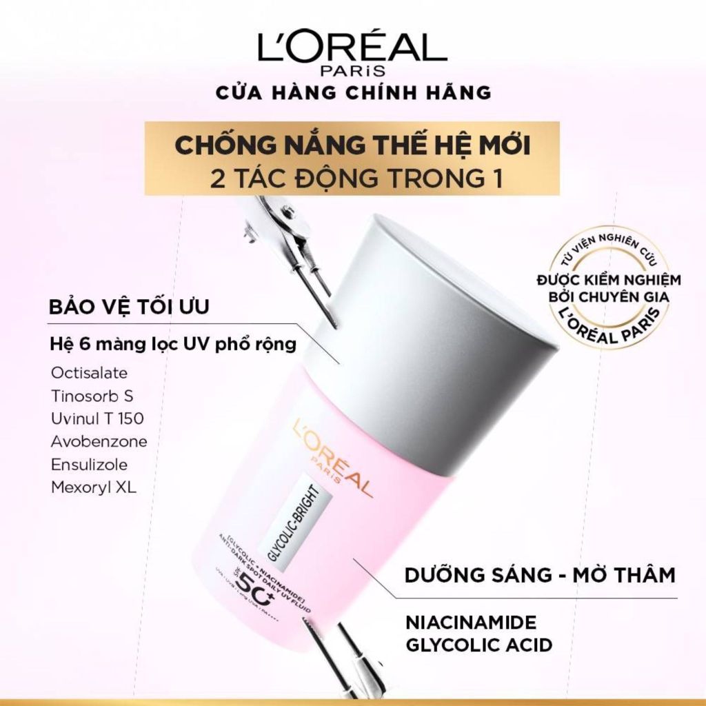Kem Chống Nắng L'Oreal Paris Glycolic-Bright Anti-Dark Spot Daily UV Fluid Giảm Thâm Nám 50ml