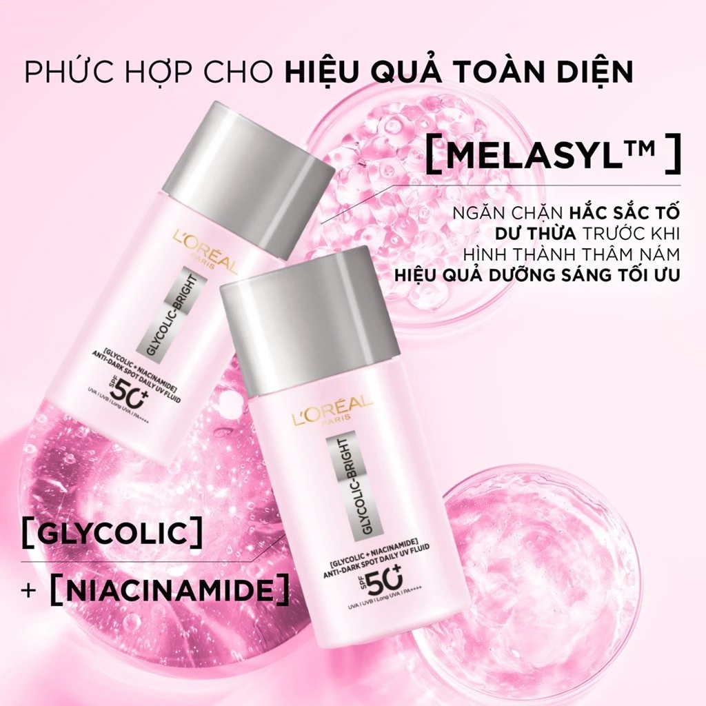 Kem Chống Nắng L'Oreal Paris Glycolic-Bright Anti-Dark Spot Daily UV Fluid Giảm Thâm Nám 50ml