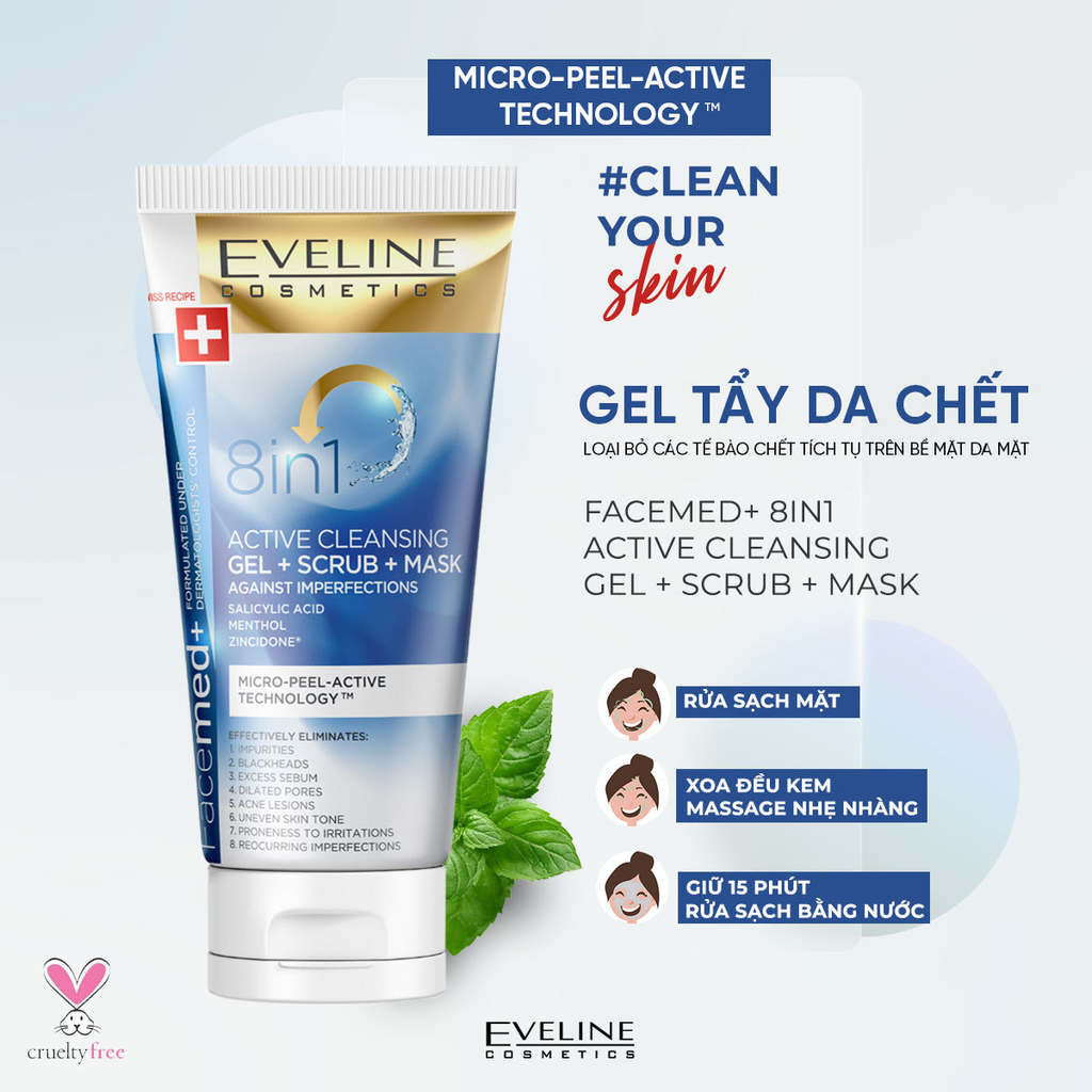 Gel Rửa Mặt Eveline 8 in 1 Active Cleansing Tẩy Tế Bào Chết 150ml