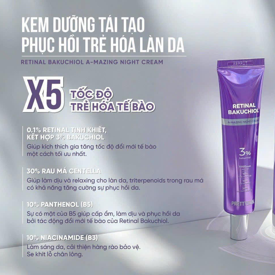 Kem Dưỡng Ban Đêm PrettySkin Retinal BakuChiol A-Mazing Night Cream Tái Tạo, Phục Hồi Da
