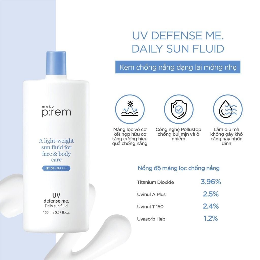 Kem Chống Nắng Dạng Lai Make P:rem UV Defense Me Daily Sun Fluid Mỏng Nhẹ 150ml