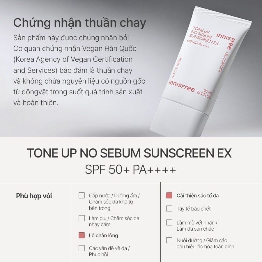 Kem Chống Nắng Innisfree Tone Up No Sebum Sunscreen EX Nâng Tone Kiềm Dầu