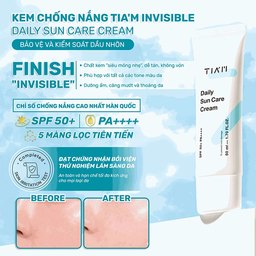 Kem Chống Nắng Tia'm Daily Sun Care Cream SPF50+ PA++++ Kiểm Soát Dầu 50ml