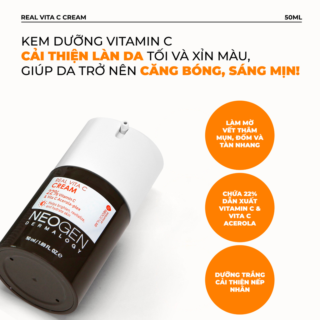 [Date: 04/11/2026] Kem Dưỡng Neogen Real Vita C Cream 22% Vitamin C & Vita C Acerola - Plex Trắng Da, Giảm Thâm 50ml
