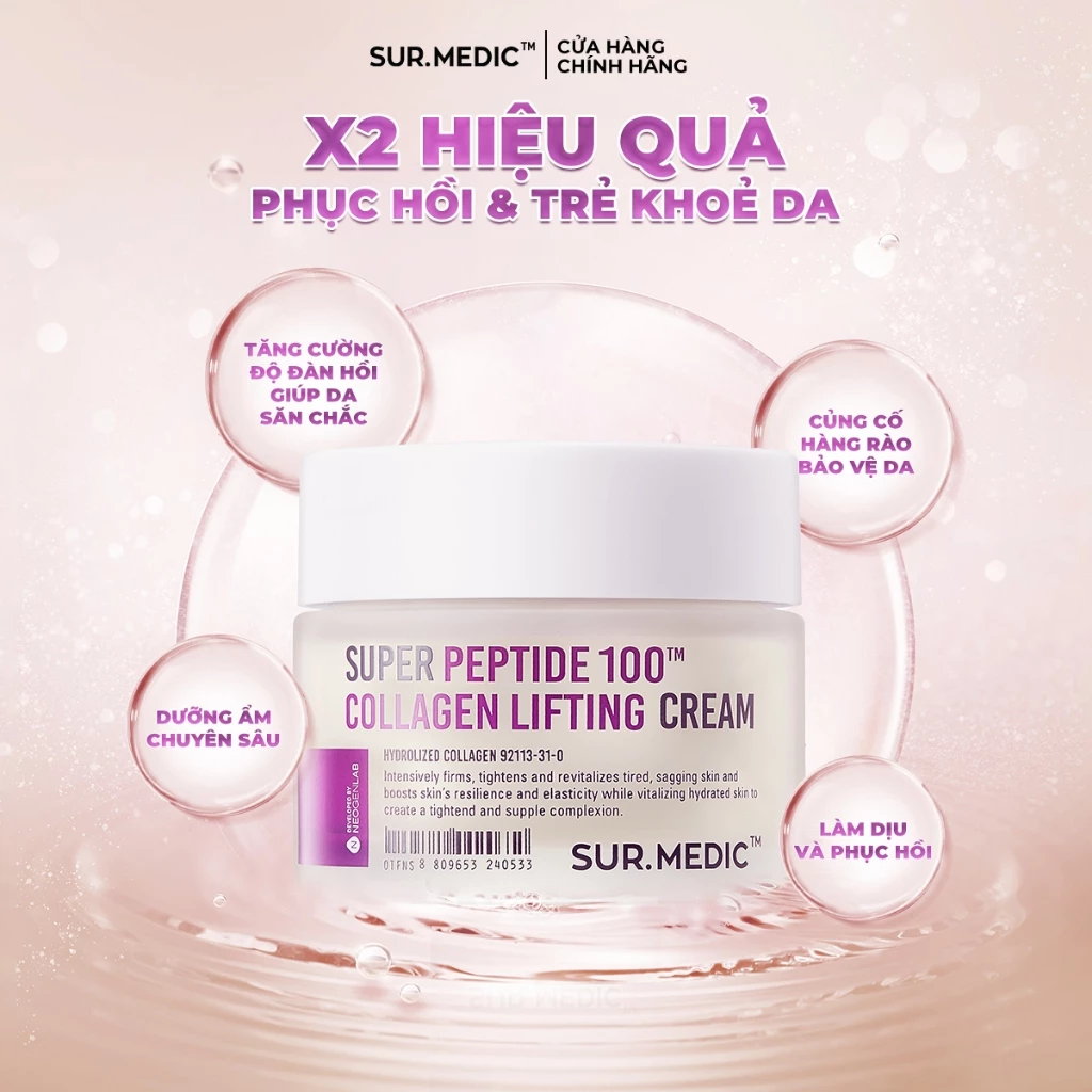 Kem Dưỡng Sur.Medic Super Peptide 100TM Collagen Lifting Cream Phục Hồi, Trẻ Khỏe Da