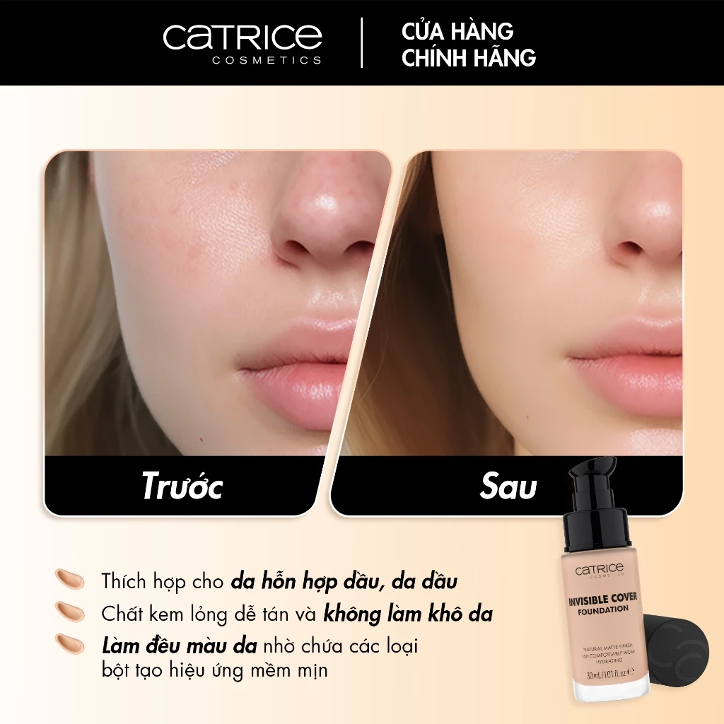 Kem Nền Catrice Invisible Cover Foundation Mịn Lì, Mỏng Nhẹ 30ml
