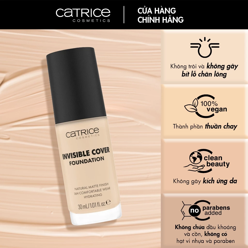 Kem Nền Catrice Invisible Cover Foundation Mịn Lì, Mỏng Nhẹ 30ml