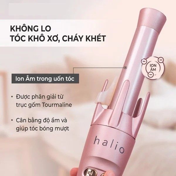 Combo Quà Tặng + Máy Uốn Tóc HALIO Auto Rotating Hair Curler Tự Xoay 360 Độ Ion Âm (Màu Rose Gold)