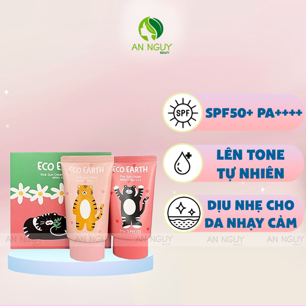 Kem Chống Nắng The Saem Eco Earth Pink Sun Cream SPF50+ PA++++ 50gr (Phiên Bản Giới Hạn - Tách Set)