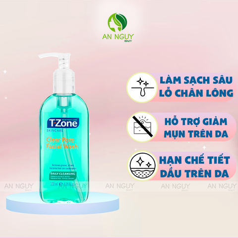 Gel Rửa Mặt T-Zone Clear Pore Facial Wash Chiết Xuất Tràm Trà Sạch Sâu, Kháng Khuẩn 200ml