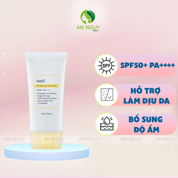 Kem Chống Nắng Klairs All-day Airy Sunscreen SPF50+ PA++++  Ẩm Mượt, Dịu Da 50gr