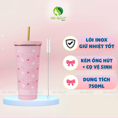 Ly Giữ Nhiệt Inox Gấu Dâu Dễ Thương Kèm Ống Hút + Cọ Vệ Sinh Ống Hút 750ml