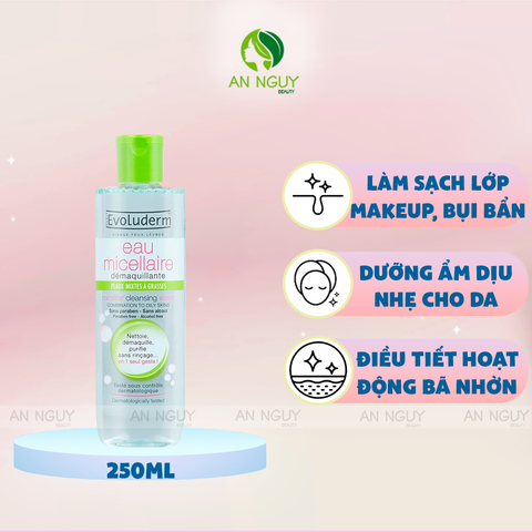 Nước Tẩy Trang Evoluderm Micellar Cleansing Water Combination To Oily Skins Cho Da Hỗn Hợp, Dầu Mụn (Xanh Lá)