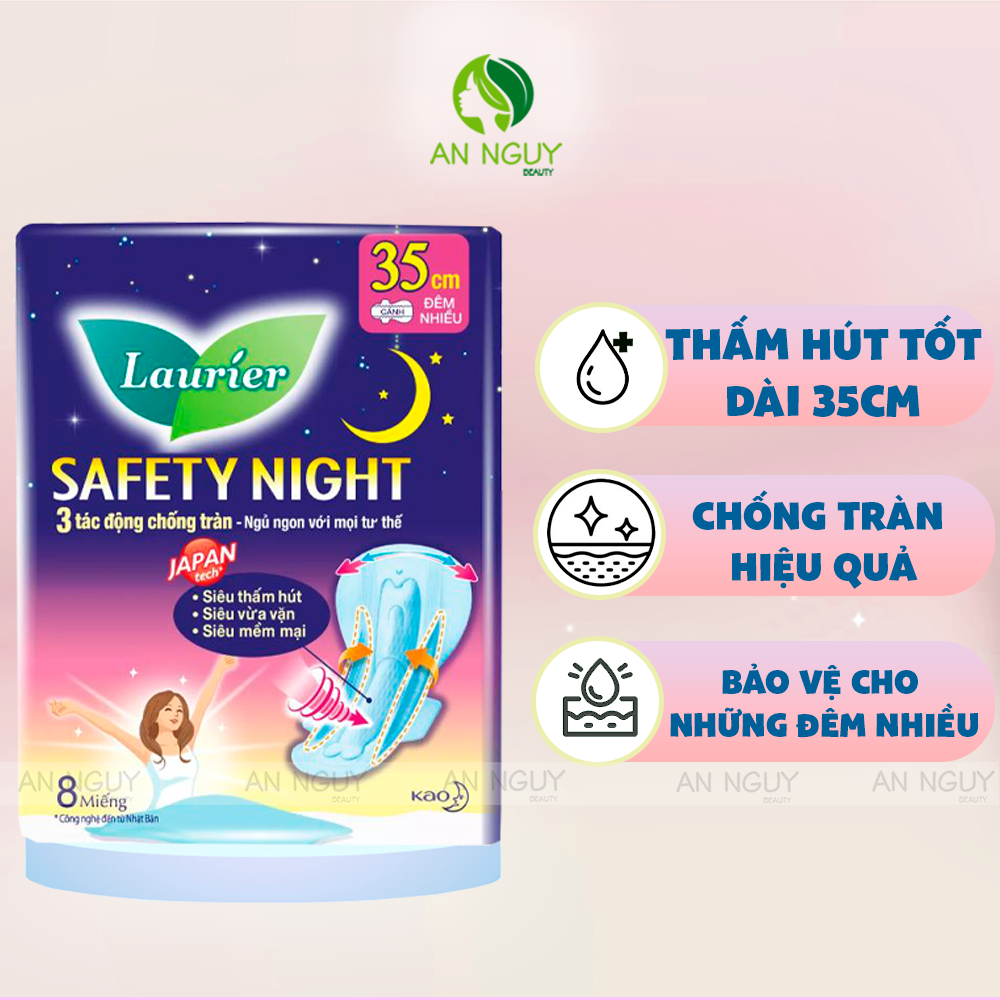 Băng Vệ Sinh Ban Đêm Laurier Safety Night Dài 35cm Siêu Thấm, Chống Tràn Hiệu Quả