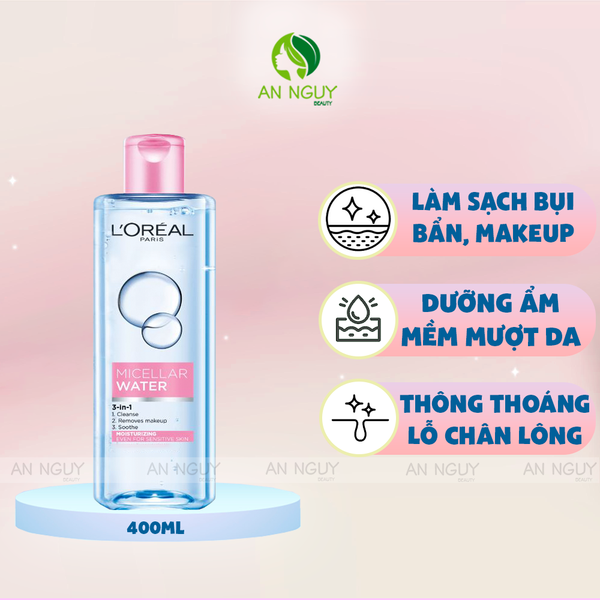 Nước Tẩy Trang L’Oreal Micellar Water 3-in-1 Moisturizing Mềm Mịn Da Dành Cho Da Thường, Khô (Hồng)