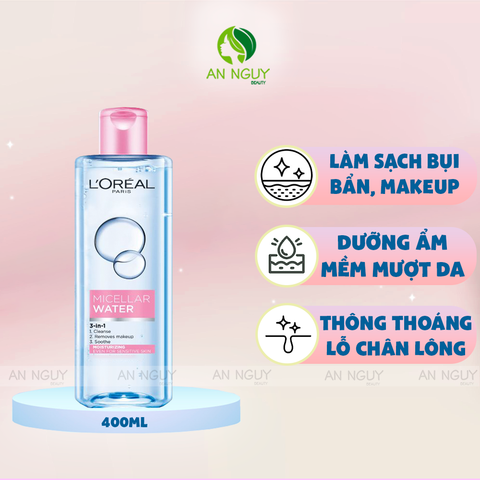 Nước Tẩy Trang L’Oreal Micellar Water 3-in-1 Moisturizing Mềm Mịn Da Dành Cho Da Thường, Khô (Hồng)