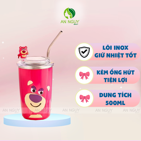 Bình Đựng Nước Gấu Dâu Kèm Ống Hút Và Phụ Kiện Xinh Xắn Đựng Cafe, Trà Sữa, Nước Uống Nhiều Mẫu 450ml