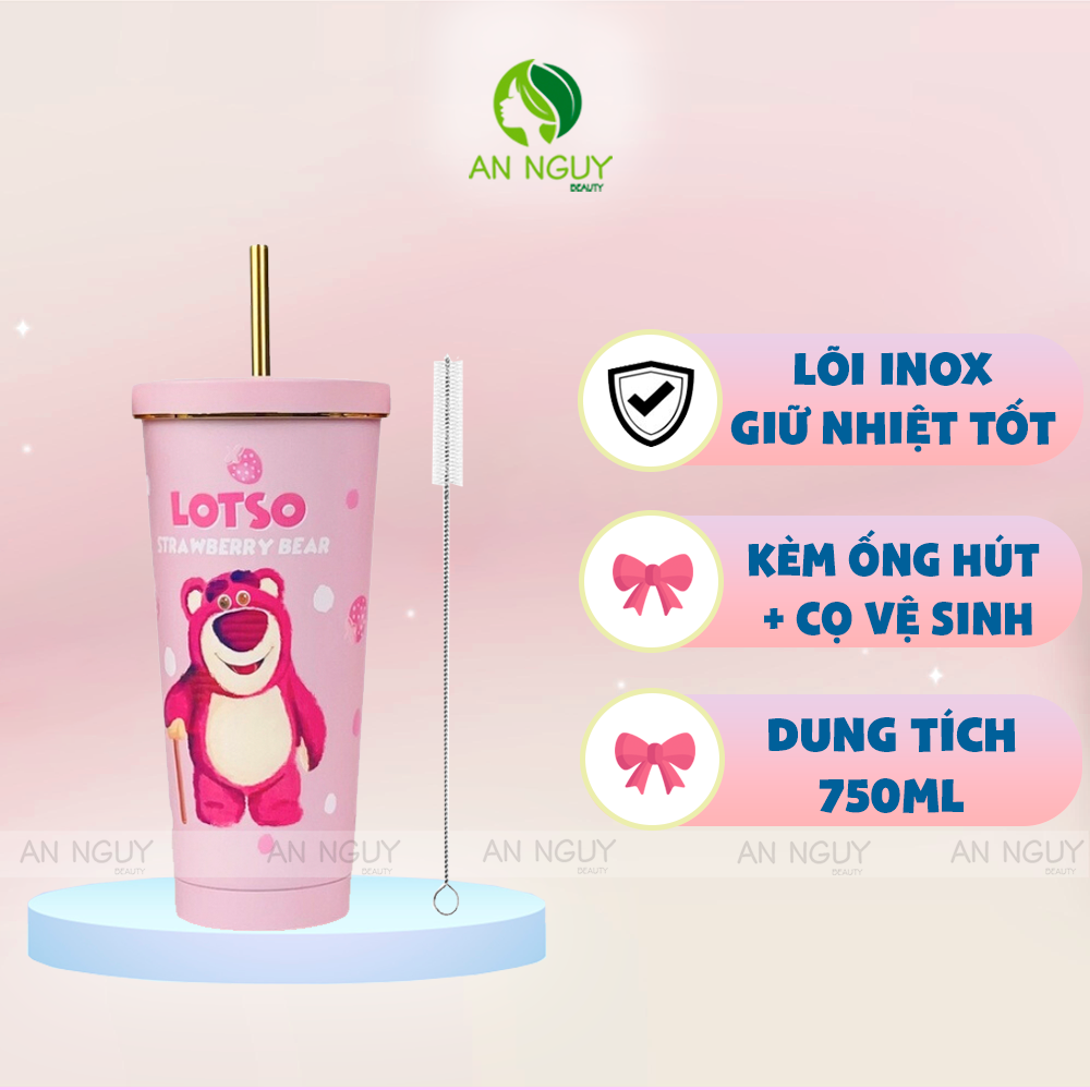 Ly Giữ Nhiệt Inox Gấu Dâu Dễ Thương Kèm Ống Hút + Cọ Vệ Sinh Ống Hút 750ml