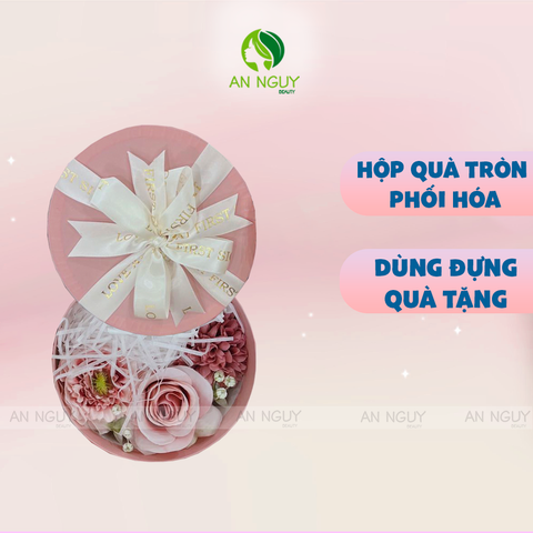 Hộp Quà Nơ Tròn Kèm Hoa Lụa (Hồng)