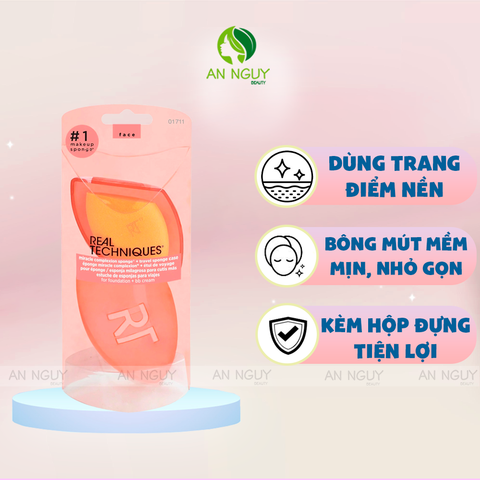 Mút Trang Điểm Real Techniques Miracle Complexion Sponge + Travel Sponge Case Kèm Hộp Đựng Dùng Tán Kem Nền, Bảo Vệ Bông Mút