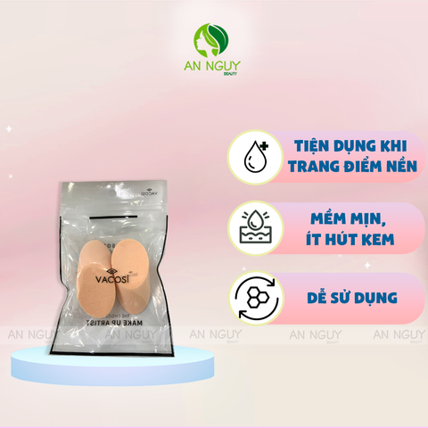 Set 2 Bông Phấn Ướt Vacosi Elipse Sponge Hình Miếng Xúc Xích Dùng Tán Kem Nền, Che Khuyết Điểm